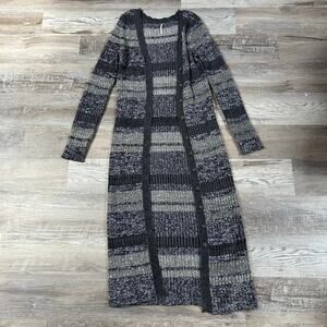 Free People Knit Sweater Maxi Cardigan Dress Black Gray Stripe Button Up Grunge